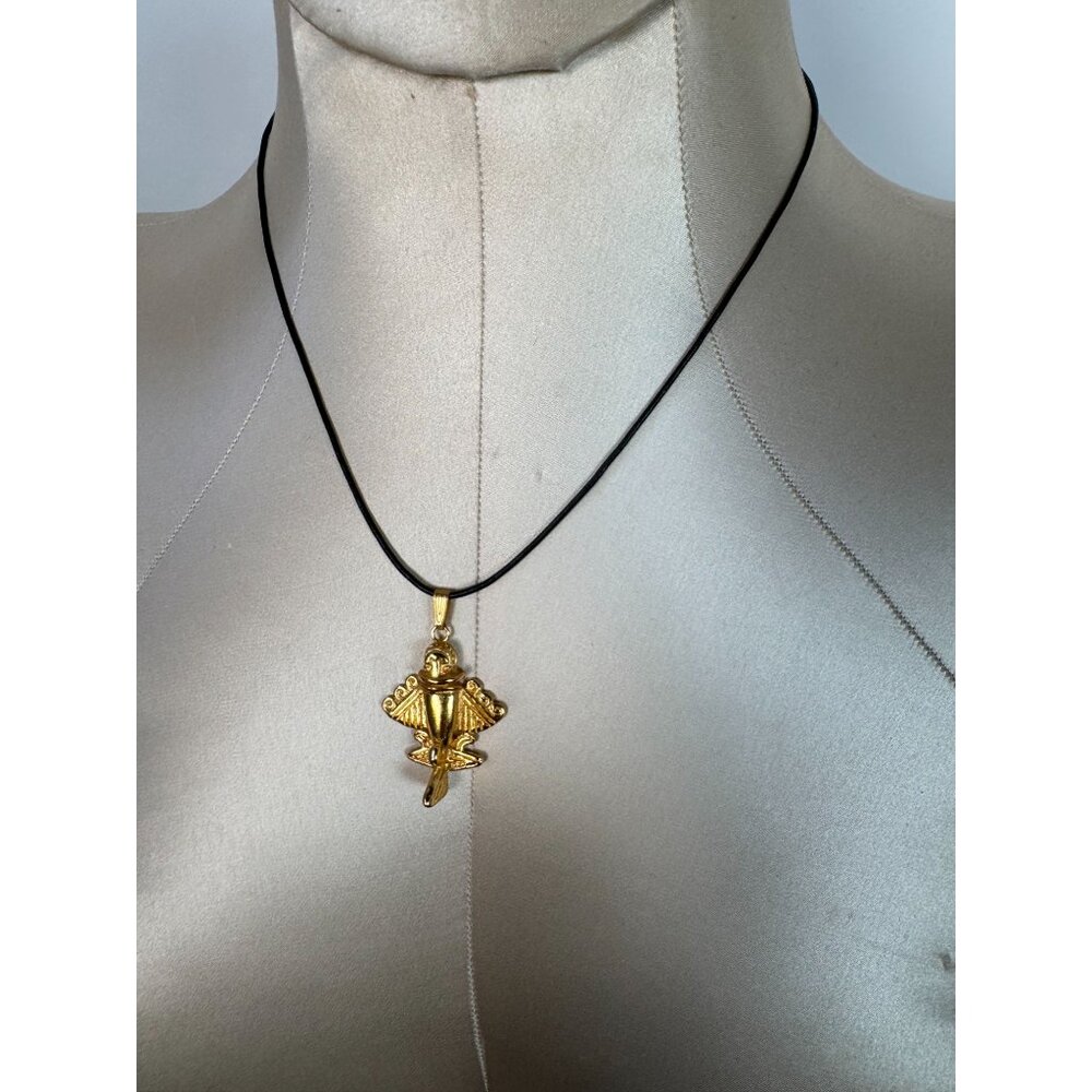 Golden Jet Ornament Pendant Necklace With Black Cord